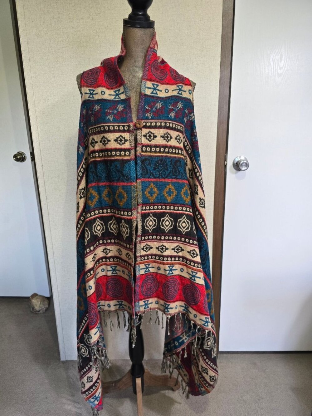 Sacred Threads OS Poncho Multicolor Southwestern Boho Open Front Fringe Knit